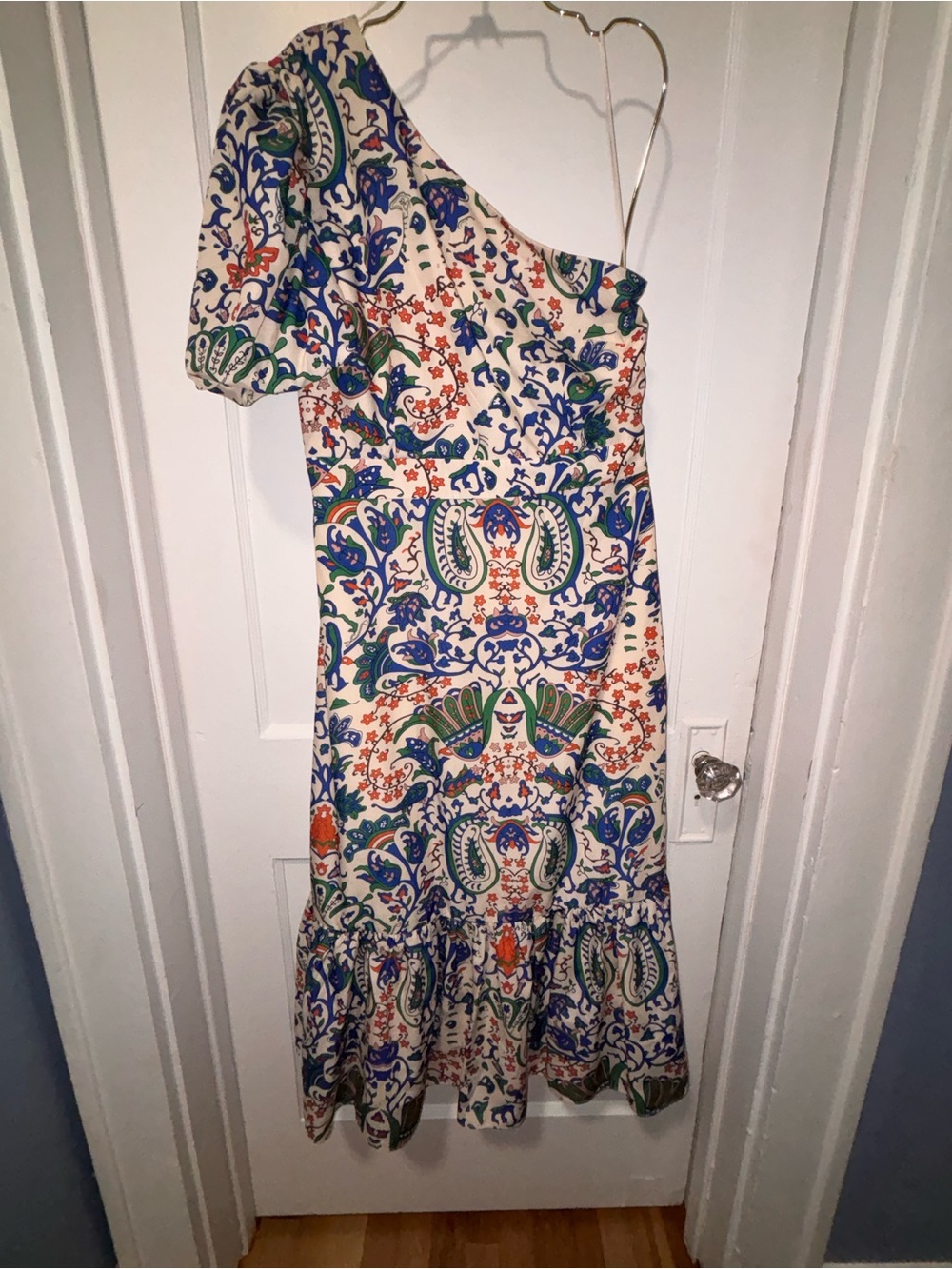 Vici One-Shoulder Paisley Midi Dress in Cream, Blue, Green and Orange - Picture 3 of 7